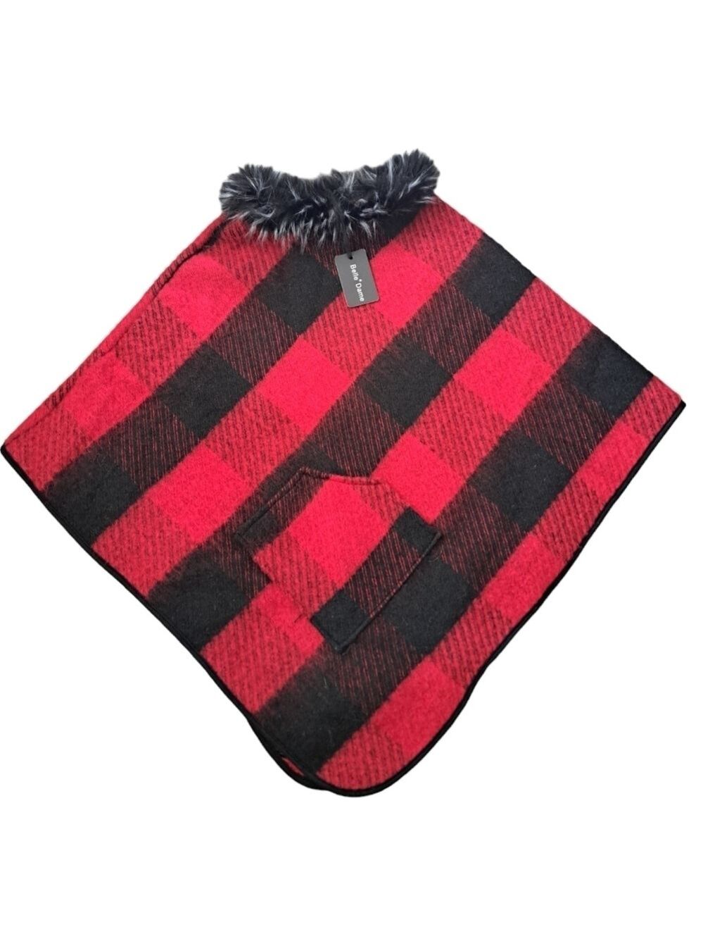 BELLE DAME Buffalo plaid Poncho cape FAUX fur collar trim large red black check
